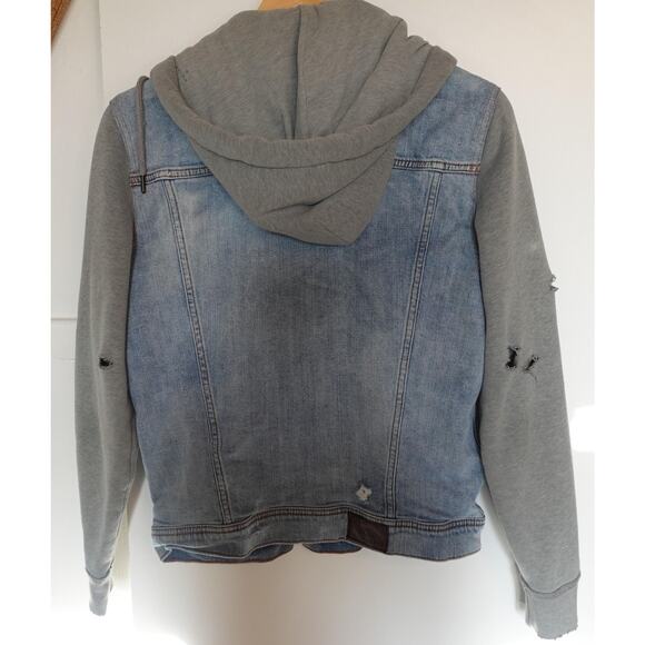 Vintage Hollister Denim Jacket Small Hooded Trucker Sweatshirt Distressed Y2K - Picture 2 of 10